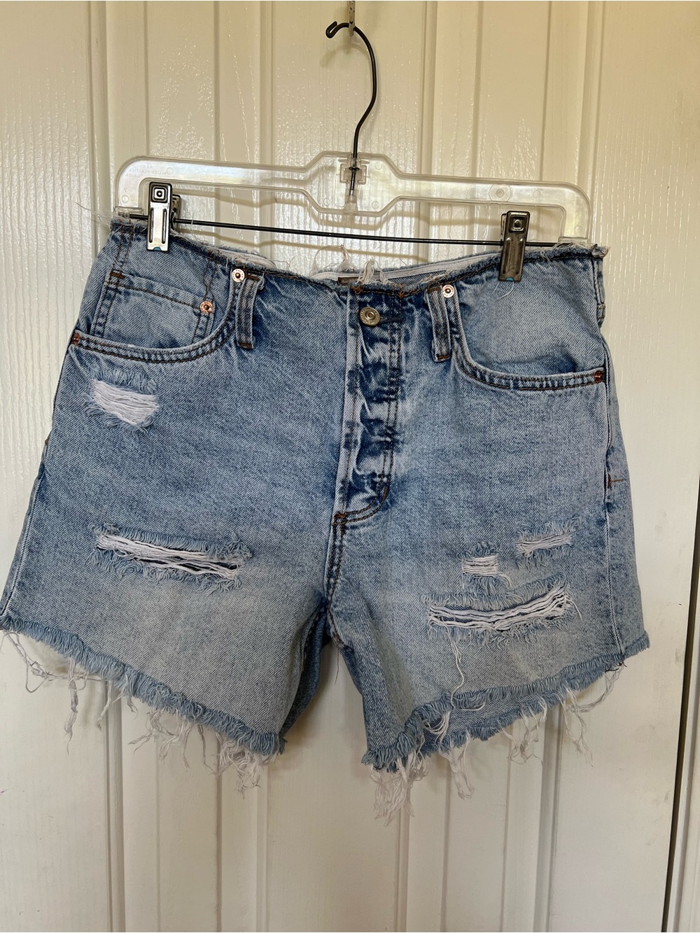 Free People Light Blue Distressed High-Rise Denim Shorts